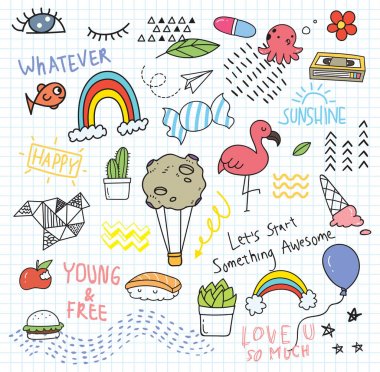 Set of colorful random doodles on paper background  clipart