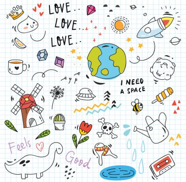 Kağıt arka plan üzerinde renkli rasgele karalamalar kümesi 