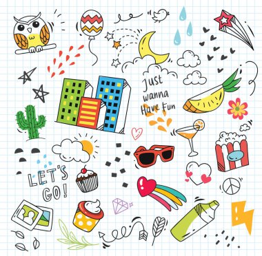 Set of colorful random  doodle on paper background clipart