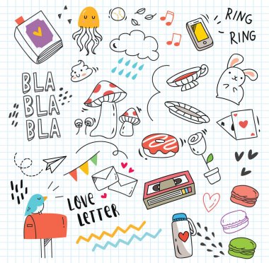 Beyaz arka plan üzerinde izole şirin doodle kümesi
