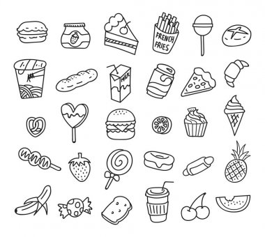Doodle tarzı yiyecek ve içecek simgeler kümesi