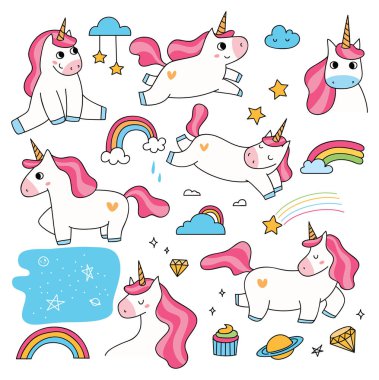 çizgi film tek boynuzlu atlar ayarla, vektör