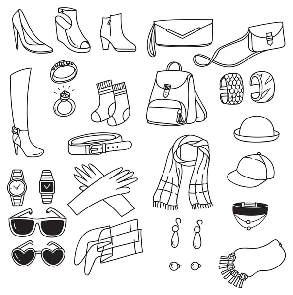 Set Van Mode Accessoires Doodles Geïsoleerd Witte Achtergrond — Stockvector