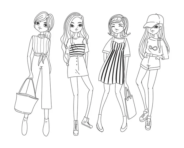 Chicas Moda Dibujadas Mano Ilustración Vectorial — Vector de stock