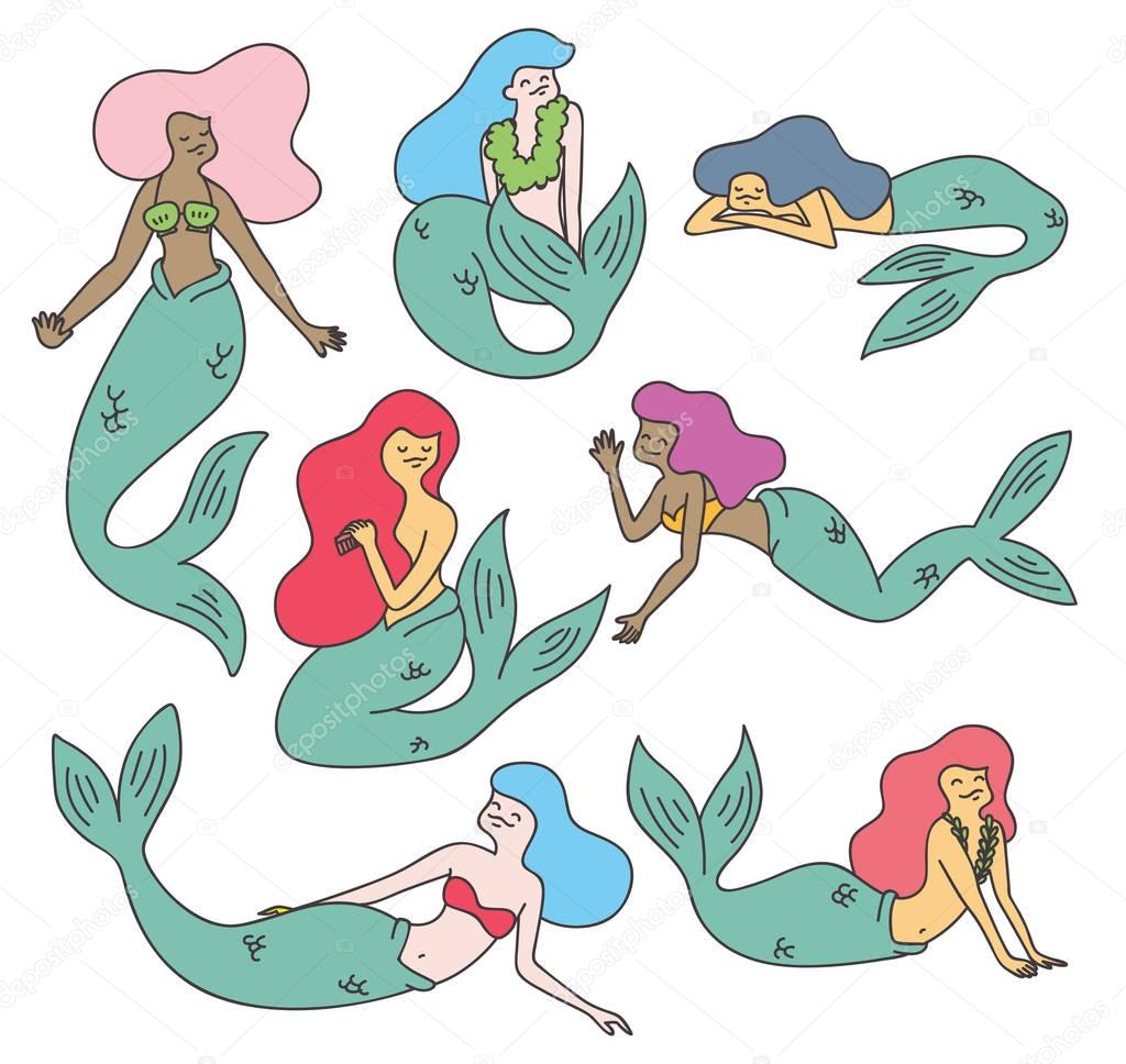 Set of cartoon mermaids isolated on white background