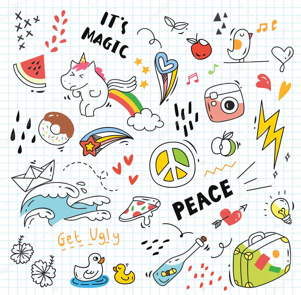 Various cute doodle elements vector illustration