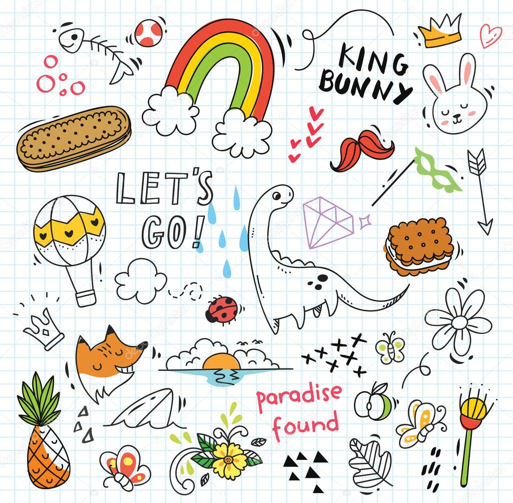 Set of colorful doodle on paper background