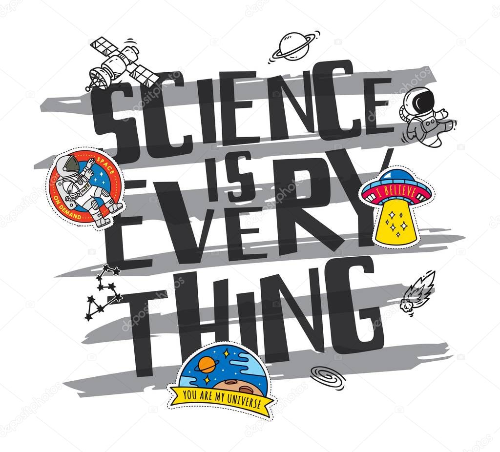 Science theme t-shirt design with patches