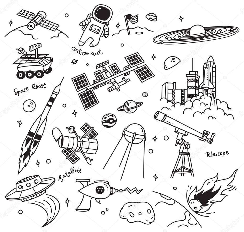 Set of space doodle isolated on white background