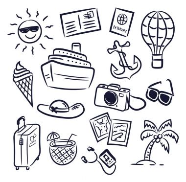 doodle tarzı seyahat simgelerin ayarlamak, vektör
