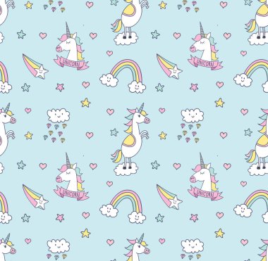 Şirin tek boynuzlu atlar sorunsuz arka plan, vektör