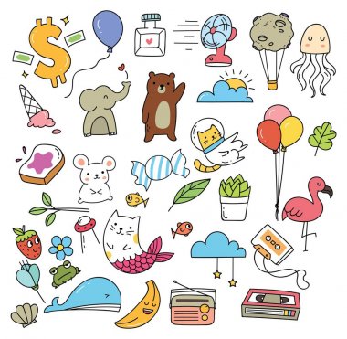 Beyaz arka plan üzerinde izole çeşitli sevimli karalamalar kümesi 