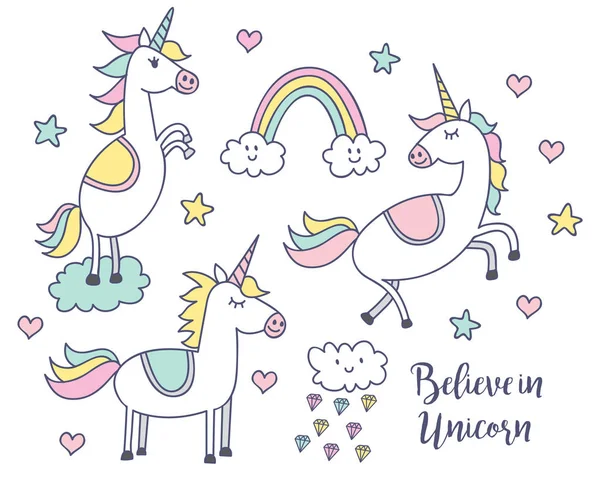 Lindos Unicornios Arco Iris Vector — Archivo Imágenes Vectoriales