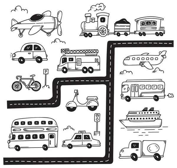 Set Vehicles Doodles Isolated White Background — Stock Vector