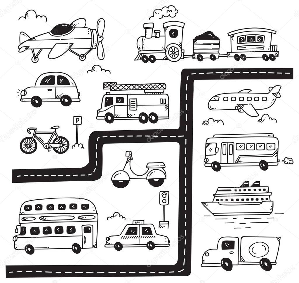Set of vehicles doodles isolated on white background