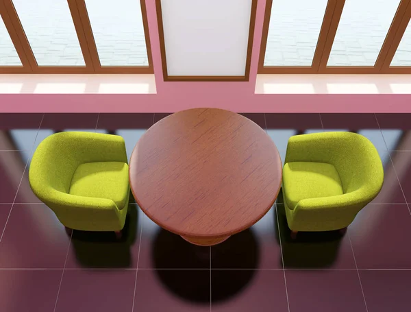 Café intérieur avec table en bois et fauteuils verts — Photo