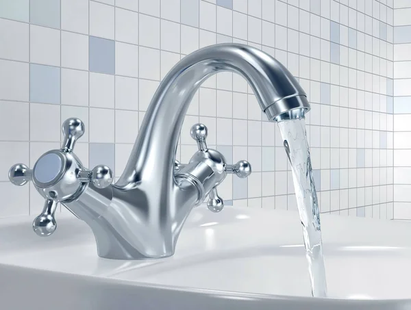 Faucet with flowing water in the bathroom — Stock Photo, Image
