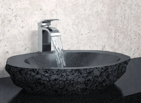 Кран для ванної кімнати та раковина з чорного каменю — стокове фото