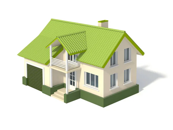Διώροφο σπίτι με μια πράσινη στέγη και γκαράζ — Φωτογραφία Αρχείου