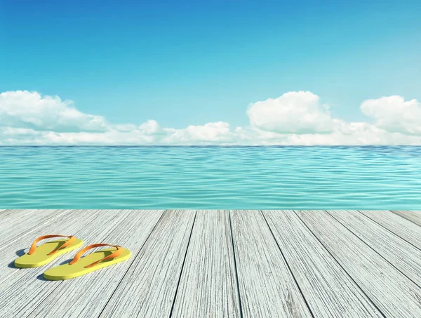 Żółte klapki na drewnianą podłogę nad brzegiem morza — Zdjęcie stockowe