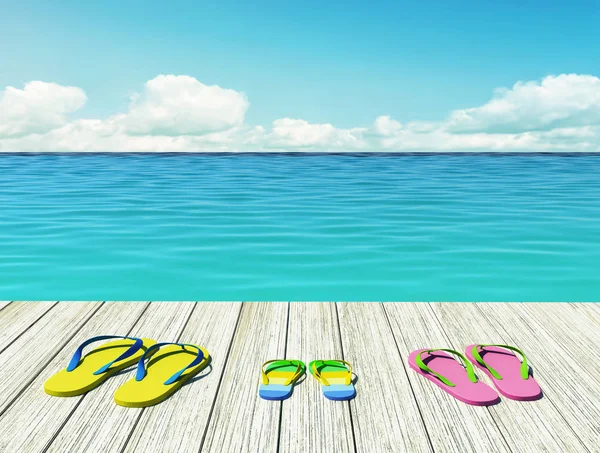 Slippers op houten pier kuststreek. Familie vakantie — Stockfoto