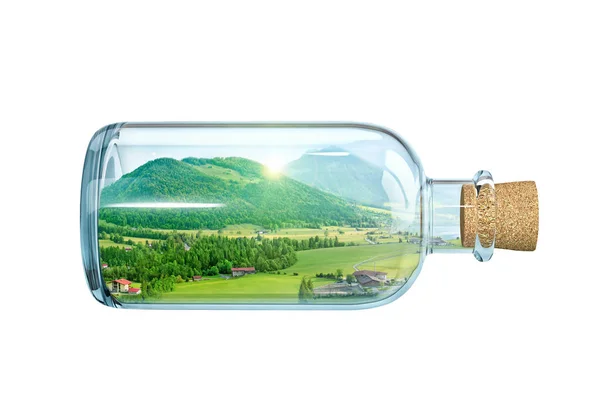 ボトル、旅行の概念で山の風景 — ストック写真