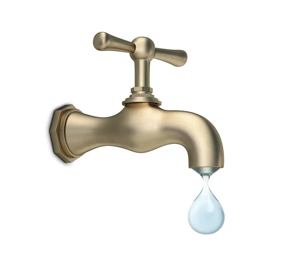Brass water tap with big drop of water — Stock Photo, Image