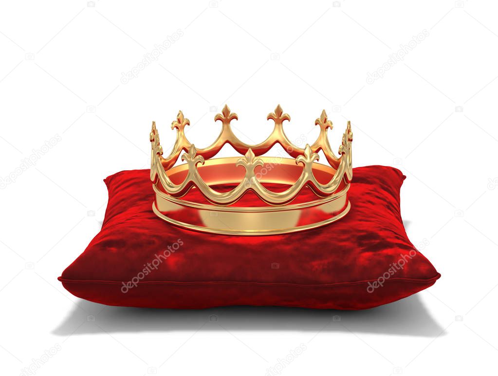 Gold crown on red velvet pillow