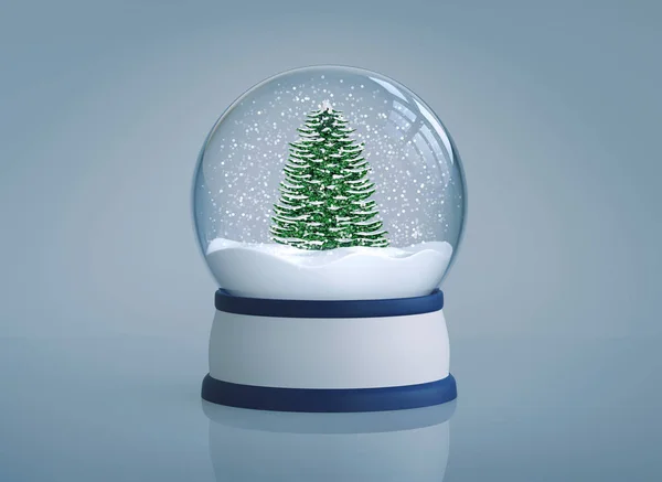 Снежный шар с рождественской елкой на голубом фоне — стоковое фото