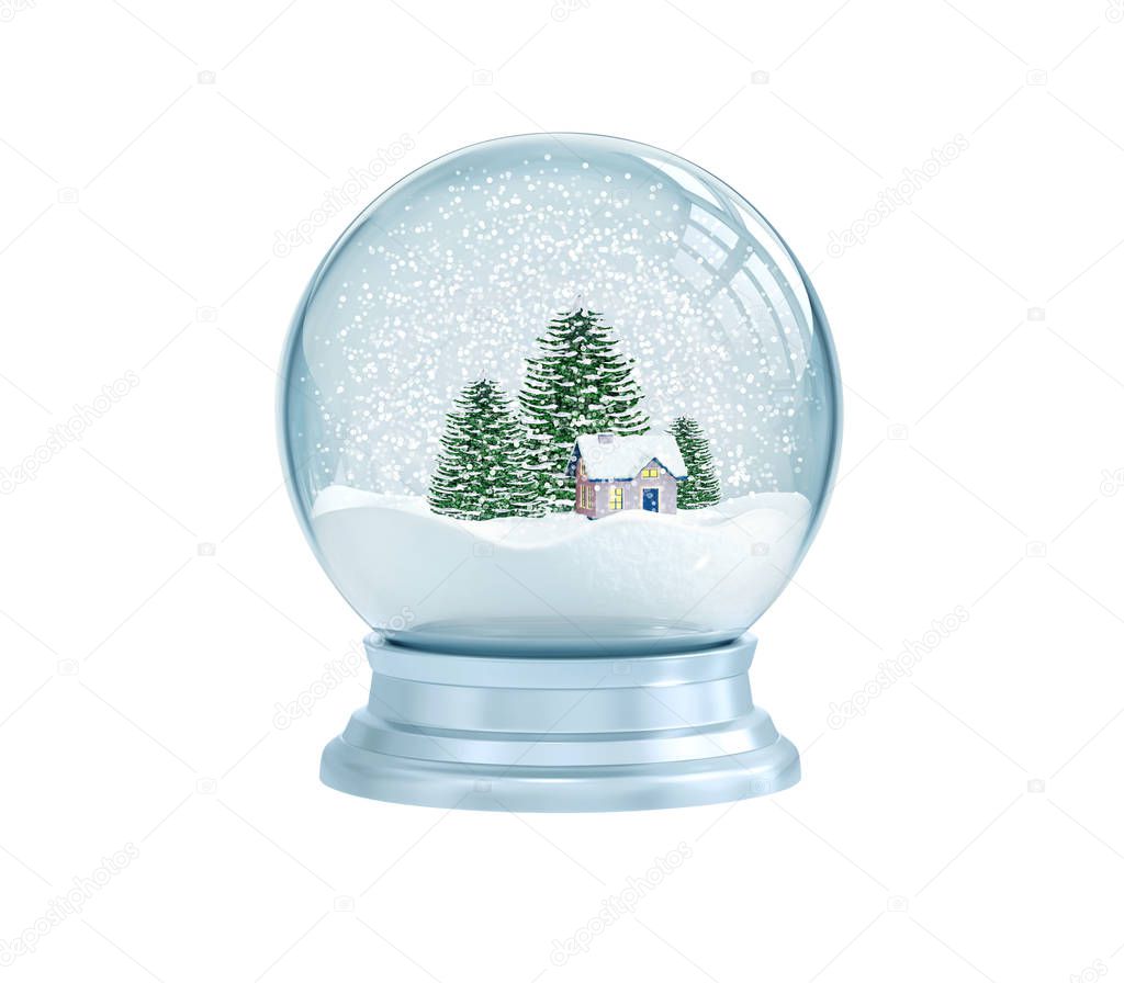 Snow globe with house and pine trees