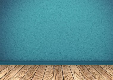 Dekoratif Sıva desen ve ahşap zemin ile mavi duvar