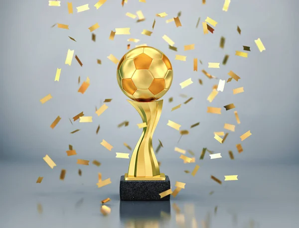 Goldener Ball, Fußball-Siegerpokal mit fallendem Konfetti — Stockfoto