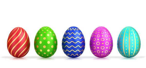 Farklı renklerde ve altın desenli beş Paskalya yumurtası. — Stok fotoğraf