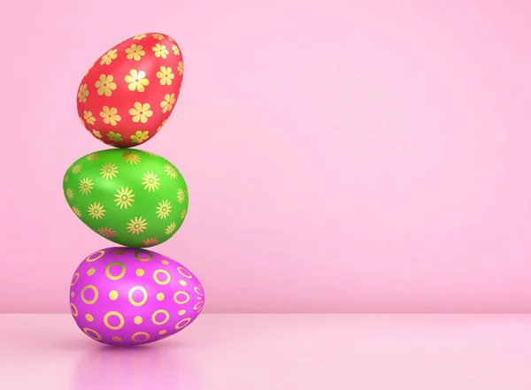 Impilati uova di Pasqua con motivo oro su sfondo rosa con co — Foto Stock