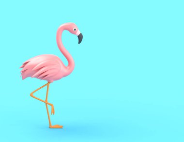 Mavi arkaplanda pembe flamingo çizgi film