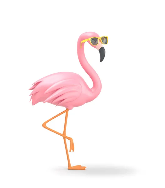 Beyaz üzerine izole edilmiş sarı güneş gözlüklü pembe flamingo. Kırpılıyor 