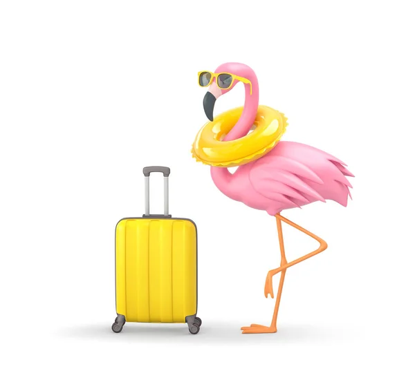 Flamingo w okularach przeciwsłonecznych z pierścieniem kąpielowym i żółtą walizką jest — Zdjęcie stockowe
