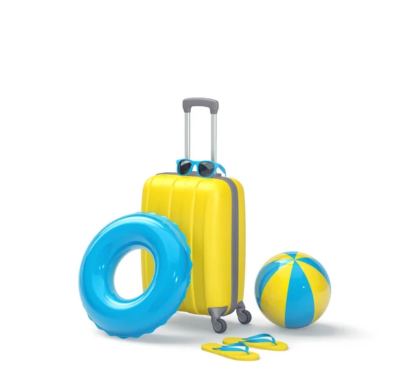 Gele koffer, zonnebril, zwemring, strandbal en flip — Stockfoto