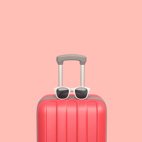 Red suitcase with sunglasses isolated on pink background — 스톡 사진