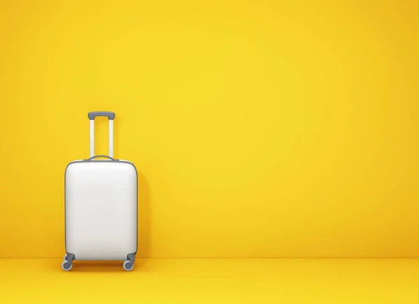Biała walizka na żółtym tle z miejscem do kopiowania — Zdjęcie stockowe
