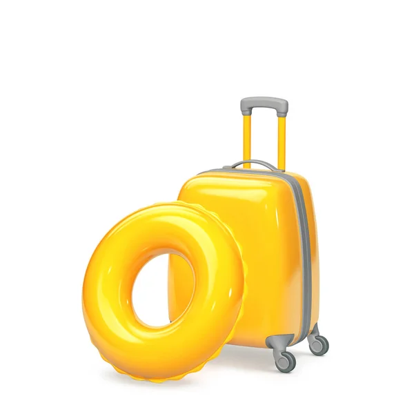 Κίτρινη βαλίτσα και δαχτυλίδι κολύμβησης σε λευκό χρώμα. Κλιπ πα — Φωτογραφία Αρχείου