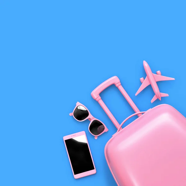 Płaska Różowa Walizka Okulary Przeciwsłoneczne Smartfon Samolot Zabawka Izolowane Niebieskim — Zdjęcie stockowe