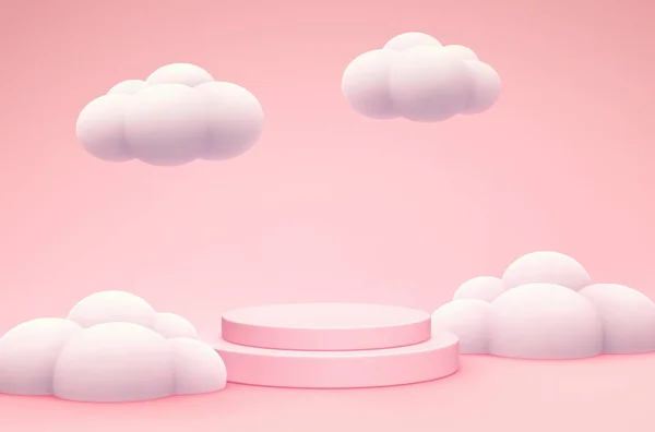 Streszczenie Pastelowego Różowego Tła Cylindrycznym Podium Stojakiem Produkt Chmurami Renderowanie — Zdjęcie stockowe