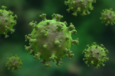 Coronavirus saldırısı. Soyut virüs hücrelerinin arka planı. Mikroskop virüsü yaklaşıyor. 3B görüntüleme