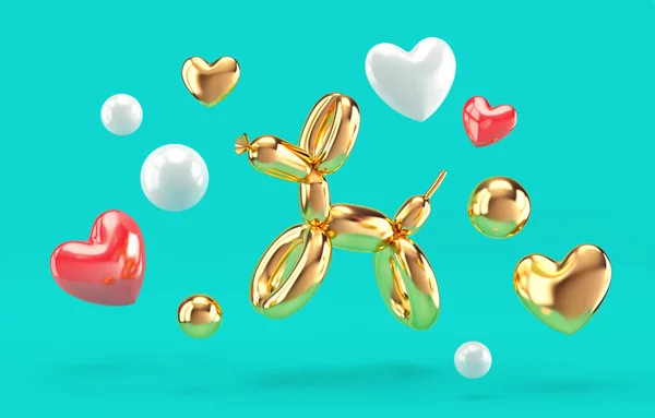 Balloon Dog Hearts Balls Flying Turquoise Background Rendering — Stock Photo, Image