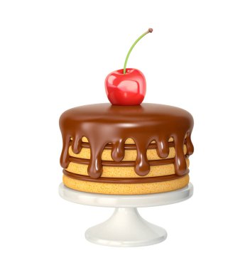 Beyaz üzerine çikolata soslu ve kirazlı doğum günü pastası. 3B görüntüleme