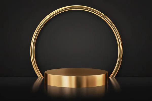 Złoty Pusty Produkt Prezentacja Podium Okrągły Złoty Rama Czarnym Tle — Zdjęcie stockowe