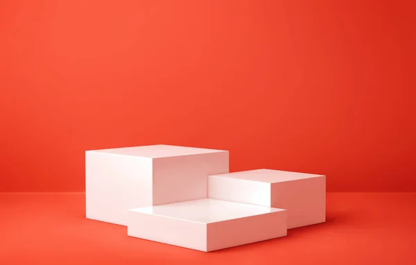 Weiße Boxen Produktdisplay Auf Rotem Hintergrund Rendering — Stockfoto