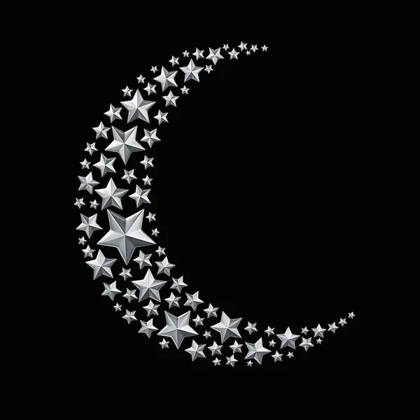Silberne Sterne Form Einer Mondsichel Isoliert Auf Schwarzem Hintergrund Rendering — Stockfoto