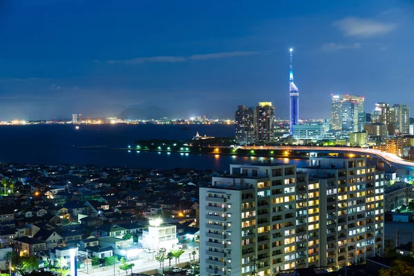Panorama Fukuoka v Japonsku v noci — Stock fotografie